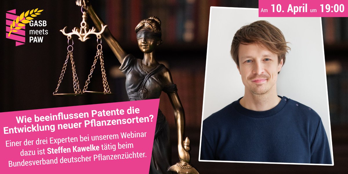 Welche Folgen haben Patente für die Arbeit von Pflanzenzüchter:innen? Wie sollte das Patentrecht in Zukunft gestaltet sein, für eine gute Balance zwischen Innovation und fairem Zugang? 
Wir freuen uns, dass auch Steffen Kawelke <a href="/DialogBDP/">BDP</a> am 10.4. dabei sein wird. 
#GASBmeetsPAW