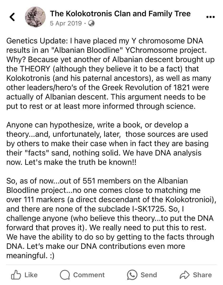 Kolokotronis’s own descendants have done dna tests and have found no links to Albanians, however they have found numerous links to other Greeks. He is not Albanian just like the Arvanites, Souliotes, and the Albanised Italiot Greeks.