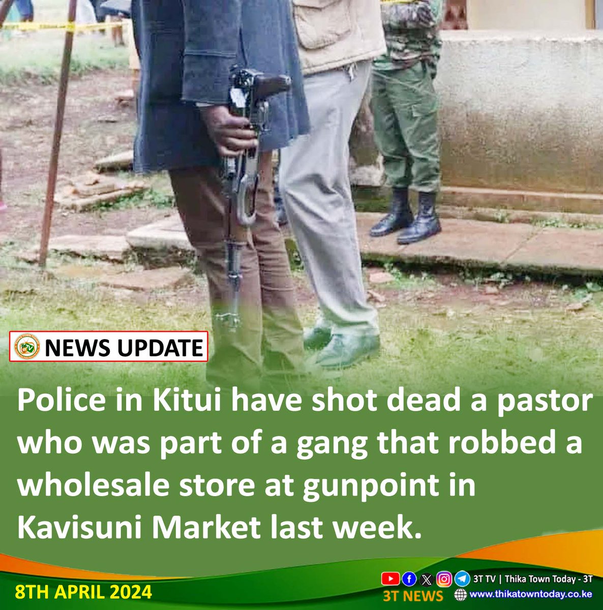 Police in Kitui have shot dead a pastor who was part of a gang that robbed a wholesale store at gunpoint in Kavisuni Market last week.

The slain pastor was a preacher at the Heaven City Chapel based at Soweto area. His accomplice, a fellow worshipper escaped with gunshot wounds.