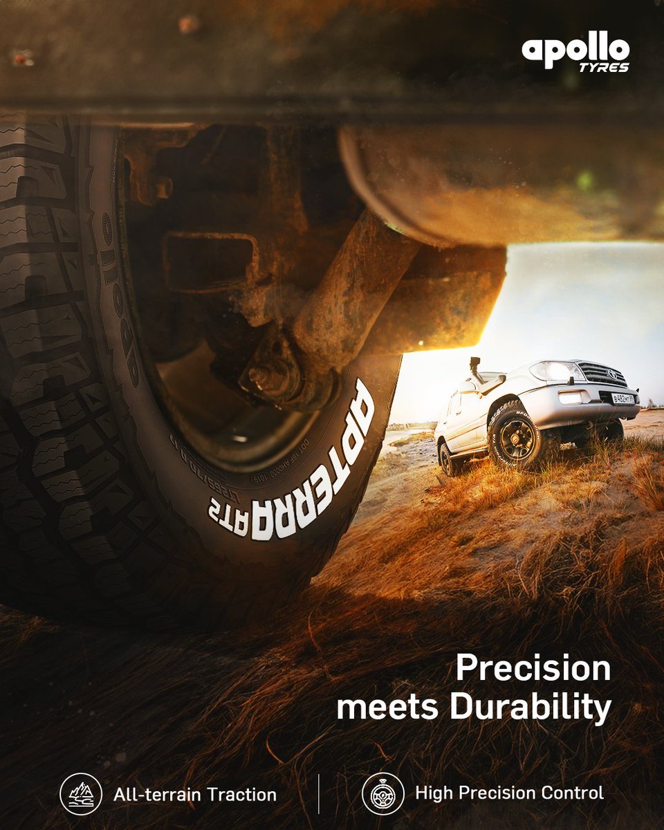 Let nothing hold you back from exploring the great outdoors! Trust in Apollo Apterra AT2 to lead the way. Its all-terrain traction and high-precision control let you drive on every road with confidence. #ApterraAT2 #OffRoad #ApolloTyres #GoTheDistance #10Performance