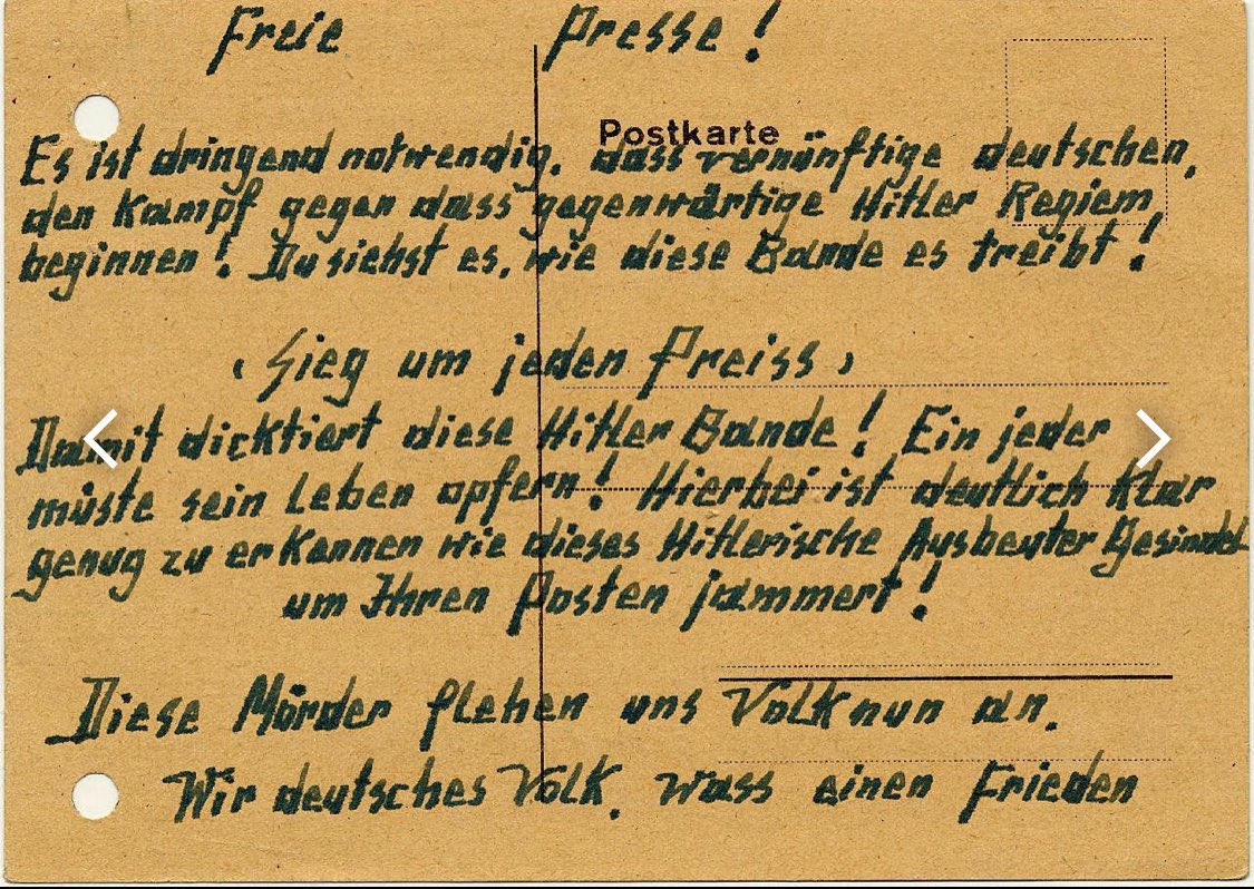 Am 8. April 1943 wurden die Widerstandskämpfer gegen den Nationalsozialismus Elise u.Otto Hampel in Plötzensee hingerichtet. Das Ehepaar hatte heimlich Postkarten und Handzettel in Weddinger Hausfluren abgelegt, auf denen sie zum Widerstand gegen den Nationalsozialismus aufriefen