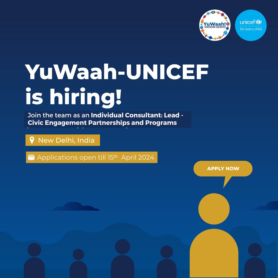 Passionate about advancing youth leadership?🌟

We have an opportunity for you🙌

Join #YuWaah, <a href="/UNICEFIndia/">UNICEF India</a> as an Individual Consultant: Lead - Civic Engagement Partnerships and Programs!

📍New Delhi, India
⏰ 15th April 2024

Apply now
🔗jobs.unicef.org/cw/en-us/job/5…