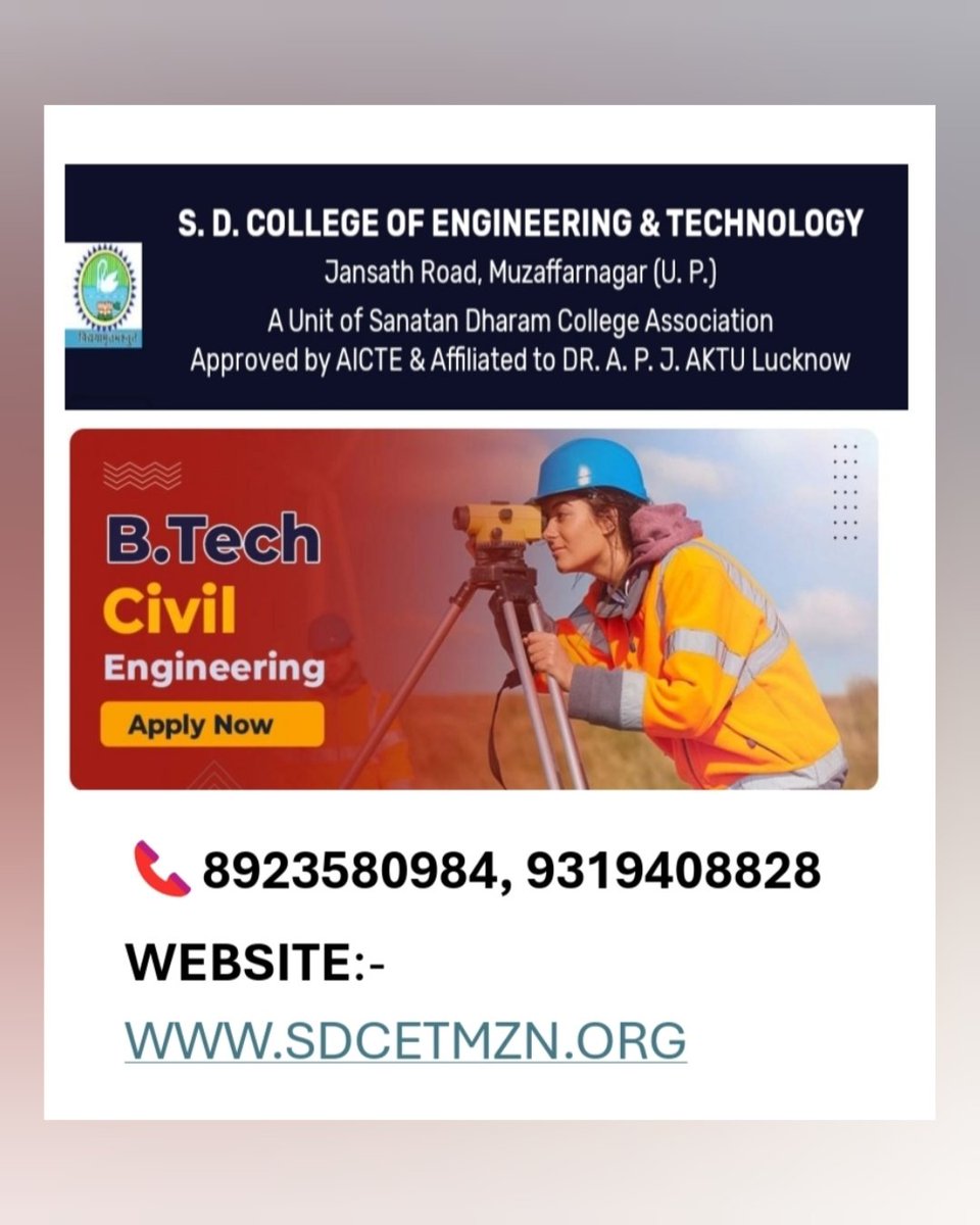 'Building bridges, shaping skylines, and engineering the future! 💪🏗️ Dive into the world of civil engineering where innovation meets infrastructure. #CivilEngineering  #EngineerTheFuture'
 *__ADMISSIONS ARE OPEN ( 2024)*_ 
 S. D. COLLEGE OF ENGINEERING & TECHNOLOGY