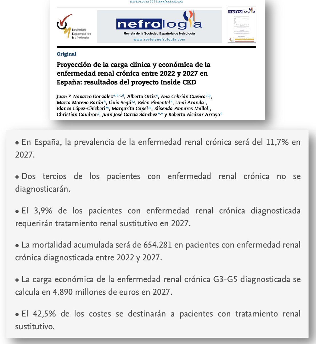 ¿Cuál será el disparatado coste de la ERC en España en el 2027? Te lo contamos en #RevistaNefrologia - revistanefrologia.com/es-proyeccion-… - Contado así es escalofriante. Necesitamos más prevención y mucho más diagnóstico precoz. @SENefrologia @SOMANEorg #Nefro_8_01.