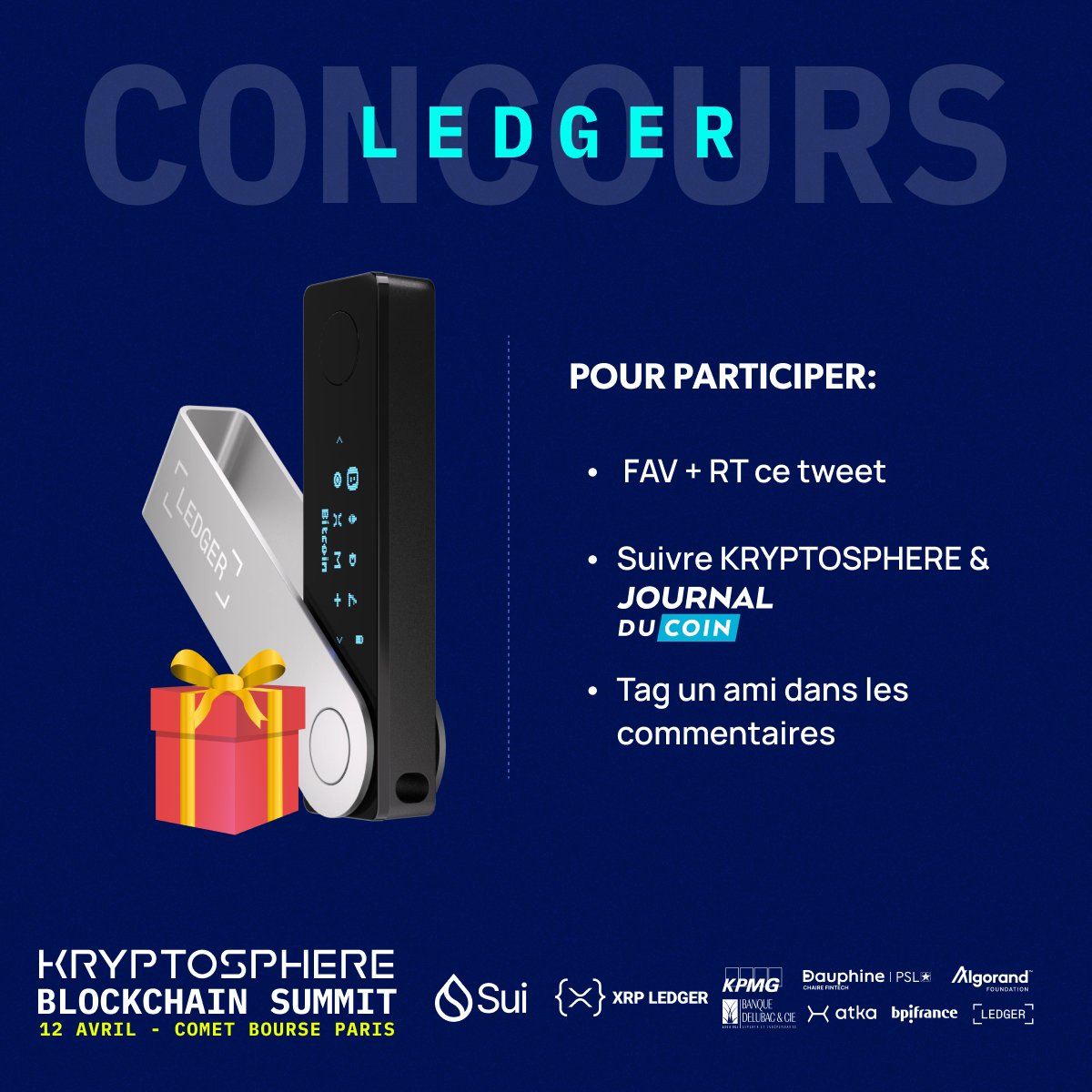 [🎁 GIVEAWAY 🎁] - À l'occasion du KRYPTOSPHERE Blockchain Summit (KBS) du 12 avril, nous vous offrons : 🔏 1 Ledger Nano S Plus 🤝 2 places pour assister à l'évènement Pour participer : ✅ Like & RT ✅ Follow @KRYPTOSPHERE_ & @LeJournalDuCoin ✅ Tag un ami 📅 T.A.S le 10/04