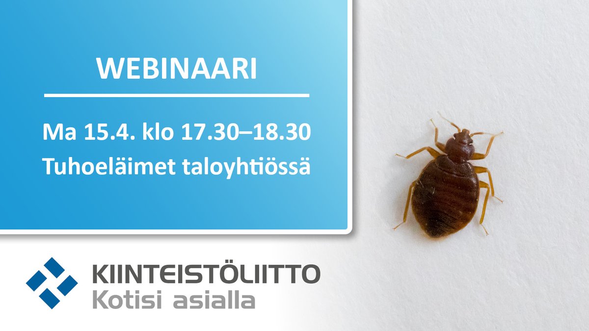 Kiinteistoala's tweet image. Tuhoeläimet taloyhtiössä -jäsenwebinaarissa ma 15.4.  perehdytään siihen, kuinka tulee toimia tuhoeläinten torjunnassa. Kouluttajana toimii juristi Minni Yli-Olli. 🪳🐀🦩
kiinteistoliitto.fi/tapahtumat/nay…

#lude #tuholaiset #tuholaistorjunta #taloyhtiö #webinaari