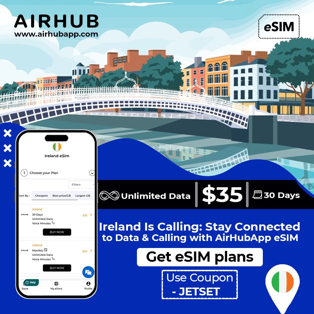 Wander through Ireland's green landscapes and historic castles, with AirHubApp ensuring you're always connected to high-speed Internet. 🍀📲 

#ExploreIreland #CelticWanderlust #GreenIsleConnect #AirHubApp #AlwaysConnected #IrishJourneys #SeamlessTravel #eSIMIreland #EmeraldIsle