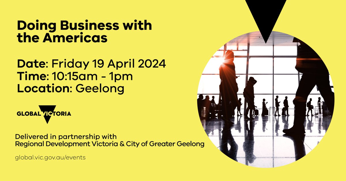 Global Victoria @RD_Vic & @GreaterGeelong invites Victorian businesses to this in-person seminar aimed at helping your export journey to the Americas. Glean valuable insights. Meet 1-1 with our US team. Network over lunch. Register for free👉tinyurl.com/doing-business… #Geelong