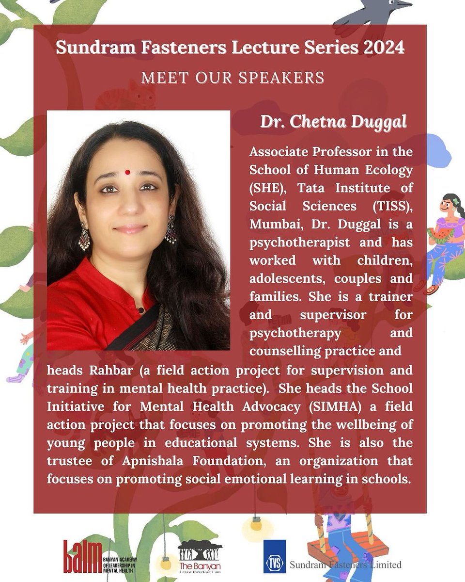 Introducing Dr Chetna Duggal, our panelist at the lecture. Dr Duggal brings with her, extensive experience working with children and families in diverse settings. Join us on the 15th to participate in the discussion! #mentalhealth #mentalhealthawareness #mentalhealthconverstions
