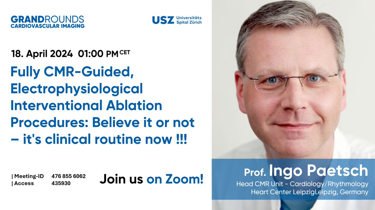 ❣️Join our next exciting Grand Round in #CVImaging featuring Prof. Ingo Paetsch 🇩🇪 of @leipzig_heart & how #WhyCMR made it to guiding #Ablation in #EP labs 🎙️The hosts @rmanka_ & @Alkadhi_rad - @RadiologieUSZ @Unispital_USZ 🫀 🫶🏽@leipzig_heart @AGEP_DGK @DGK_org #EHRA2024