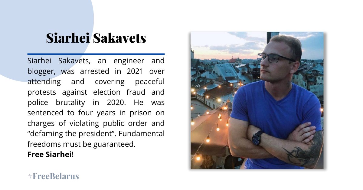 Siarhei Sakavets, an engineer and blogger, was arrested in 2021 over covering peaceful protests against election fraud and police brutality in 2020. He was sentenced to four years in prison on charges of violating public order and “defaming the president”. Free Siarhei!