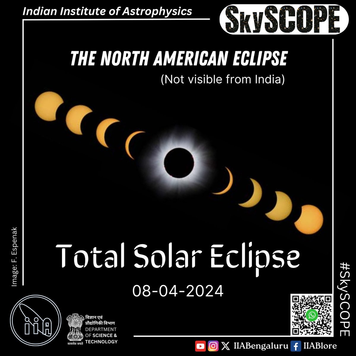 A total solar eclipse 🌞🌑🌎 will be visible from Northern America around evening today (Indian time). This WILL NOT be visible from India. But you can enjoy it via live streams from USA starting about 10 PM Indian time! @IndiaDST @asipoec @doot_iia @CosmosMysuru @Indus_SolPhy