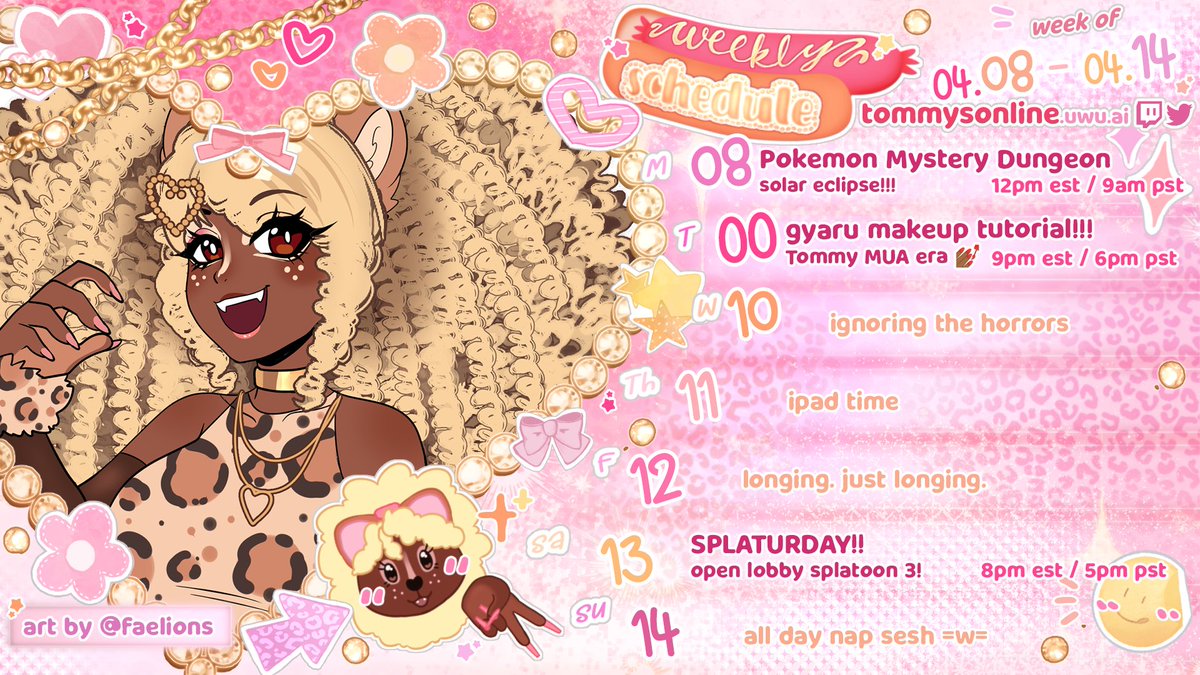 SCHEDULE!!!
↬ april 8 - 14
BABY'S FIRST FACE STREAM!!! get ready with me while i teach u how to do makeup 👁️🫦👁️

♡ twitch: twitch.tv/tommysonline
✦ discord: discord.gg/rygsaugNsd
♡ tommysonline.uwu.ai
✦ art tag: #tommyrawrt / clip tag: #tommposting