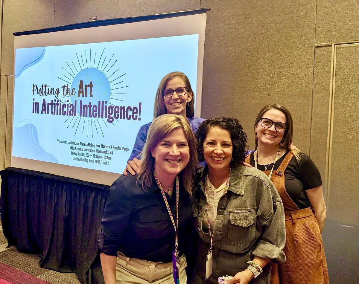 snapshoted's tweet image. It was incredible to share our #AI experiences from our classrooms with #naea24. Oh…and that photo of our presentation team was made with a little #CanvaAI using #MagicGrab! (See original photo by @SMocKroom in the comments)! Cite your source, friends! #responsibledecisionmaking