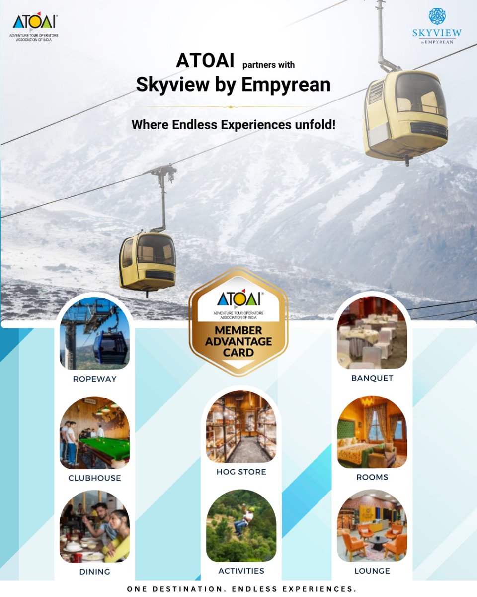 We are thrilled to announce our partnership with Skyview by Empyean under the ATOAI Member Advantage Card. #ATOAIexplore #MembersAdvantageCard #AdventureAwaits #SkyviewEmpyrean #OutdoorAdventures #EmpyreanHospitality #SangetValley #Patnitop #HimalayanRetreat #AdventureTravel
