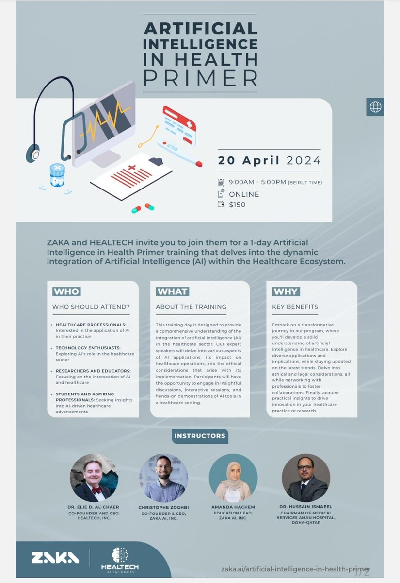 Announcing the AI in Healthcare 1-day primer jointly by HealTech (heal-tech.ai) and Zaka (zaka.ai) on April 20, 2024.
See you there!