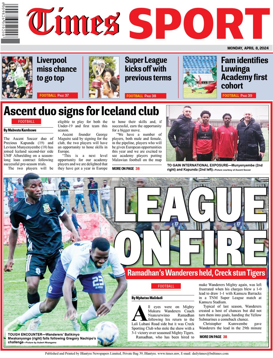 #TheDailyTimes back page: All eyes were on Mighty Mukuru Wanderers Coach Nsanzurwimo Ramadhan following his return to the Lali Lubani Road side but it was Creck Sporting Club who stole the show with a 3-1 victory over seasoned Mighty Tigers.

#TimesNews