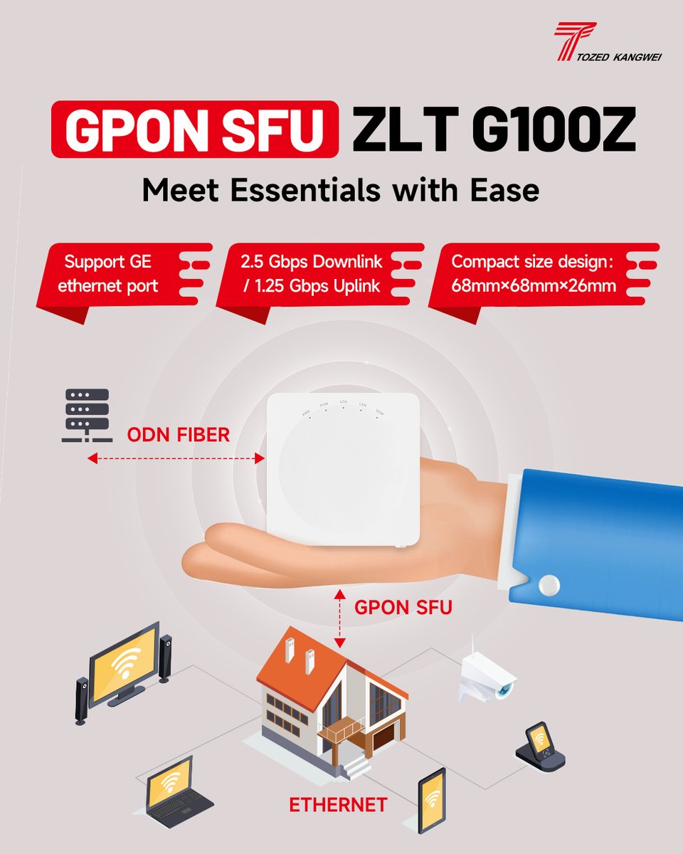 ✨Smaller than your hands! #GPON SFU ZLT G110Z meets Fiber homes' basic needs perfectly with its compact body, reliable performance, and outstanding connectivity. Connect us to learn more about it!

#TozedKangwei #ConnecttoBetterFuture