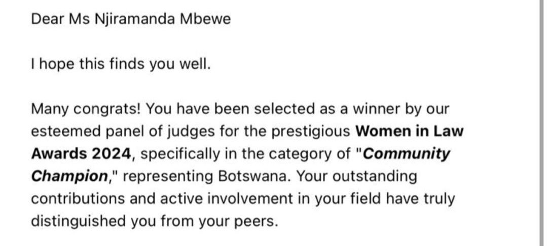 I have won the 2024 Women in Law Award from the World Law Alliance 🏆🏆🏆🥇

It is official, I have won the community champion award representing my country Botswana🇧🇼 and work under my firm Mbewe Legal amongst outstanding lawyers from the world. I will be recieving  the award at…