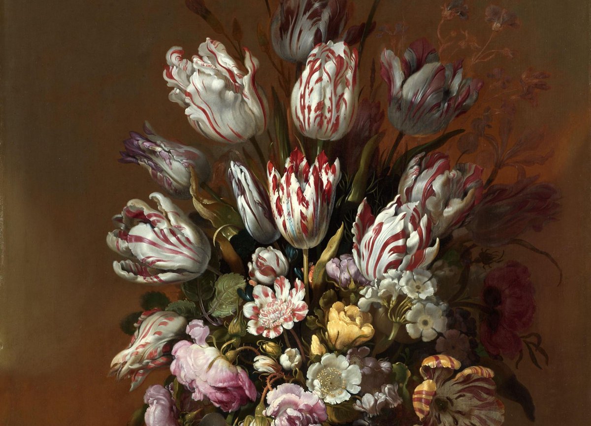 Dutch artist Hans Bollongier’s exuberant still-life of tulips, anemones, roses and carnations ~ all miraculously blooming at the same time ~ was painted shortly after the collapse of the Tulipmania investment boom (detail, 1639) rijksmuseum.nl/en/collection/…