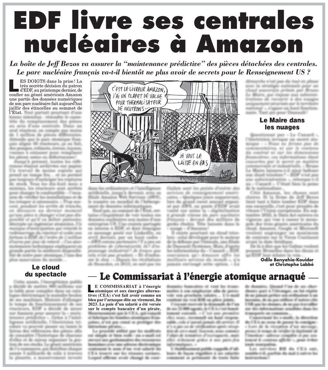 EDF a passé un contrat avec Amazon pour gérer la planification de la maintenance des centrales nucléaires. Macron , car une telle chose ne peut pas se faire sans son feu vert, a donné son accord pour que la maintenance de nos centrales nucléaires soit assurée par AMAZON. Dit…