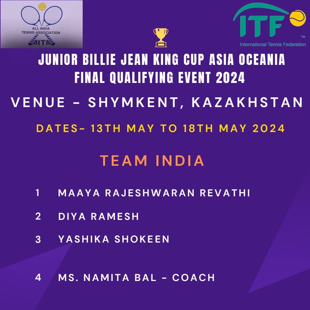 Introducing Team India: Maaya, Diya, and Yashika, ready to conquer the courts in Kazakhstan! 🇮🇳💪 Coach Namita Bal leads Team India on the path to glory in the Junior Billie Jean King Cup! 🏆🌟 #TeamIndia #JrBJKC