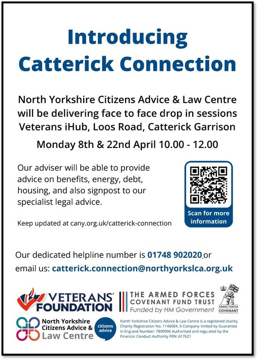 North Yorkshire Citizens Advice and Law Centre will be at The Veterans information HUB this morning in Catterick Garrison. Drop in and enjoy complimentary tea and coffee. We support All Serving Personnel, Veterans, Reservists and ALL Forces Families.