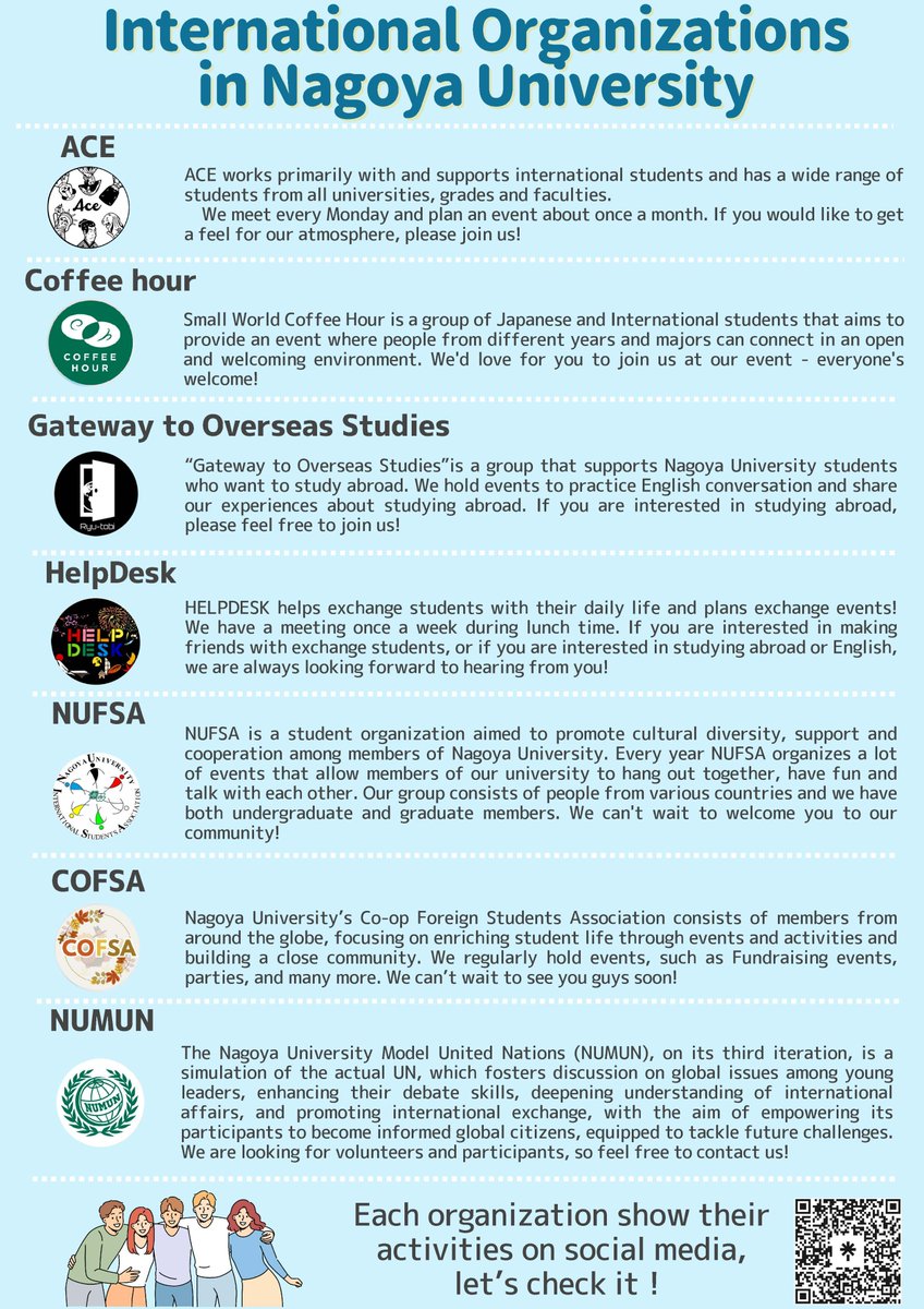 International Organizations Joint Event You can learn about international exchange groups. ◆No registration required ◆Main Event April 9 (Tue) 13:00-16:00 at CALE forum ◆Mini Event April 24 (Wed) 12:10-12:50 at 207 International Center ◆Inquiry：nagoyaunivhelpdesk@gmail.com