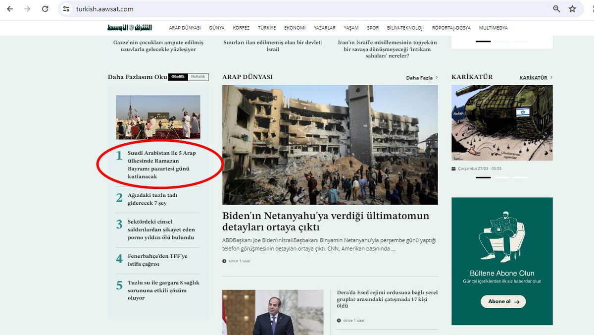 Şarkul Avsat gibi ciddi bir haber sitesi,
1 yıl önceki bu haberi bugünkü 1. sayfasına neden koyar acaba?
Kafa karıştırmak için mi?
turkish.aawsat.com/home/article/3…