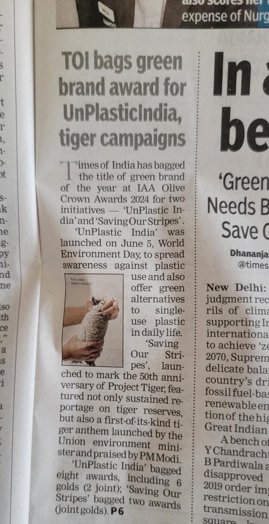 @timesofindia congratulations. Your Page 1 coverage shows how much you'll value the environment and the IAA Olive Crown Awards. The environment needs guardians like you. @parthasinha @IAA_Global @skswamy @janaksarda @BabiBaruah @alertprasad