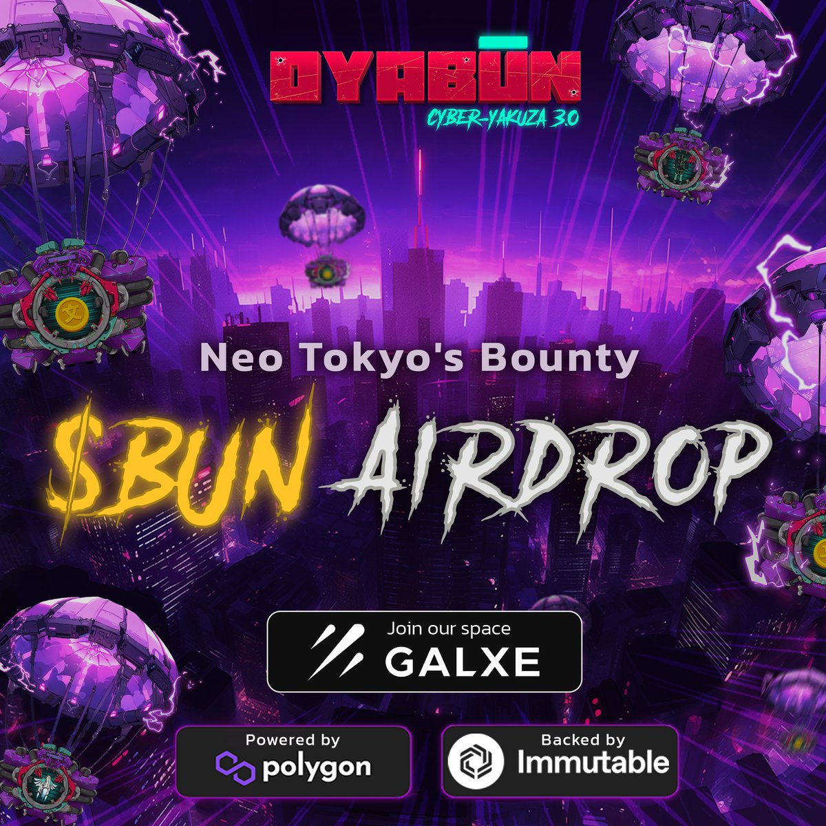 🌆 Neo Tokyo's Bounty 🚀 $BUN AIRDROP [thread 1/6] It's starting now! Complete Social or Gaming Missions to earn $BUN and become Neo Tokyo's wealthiest cyber-yakuza! The more missions you complete, the greater your rewards!