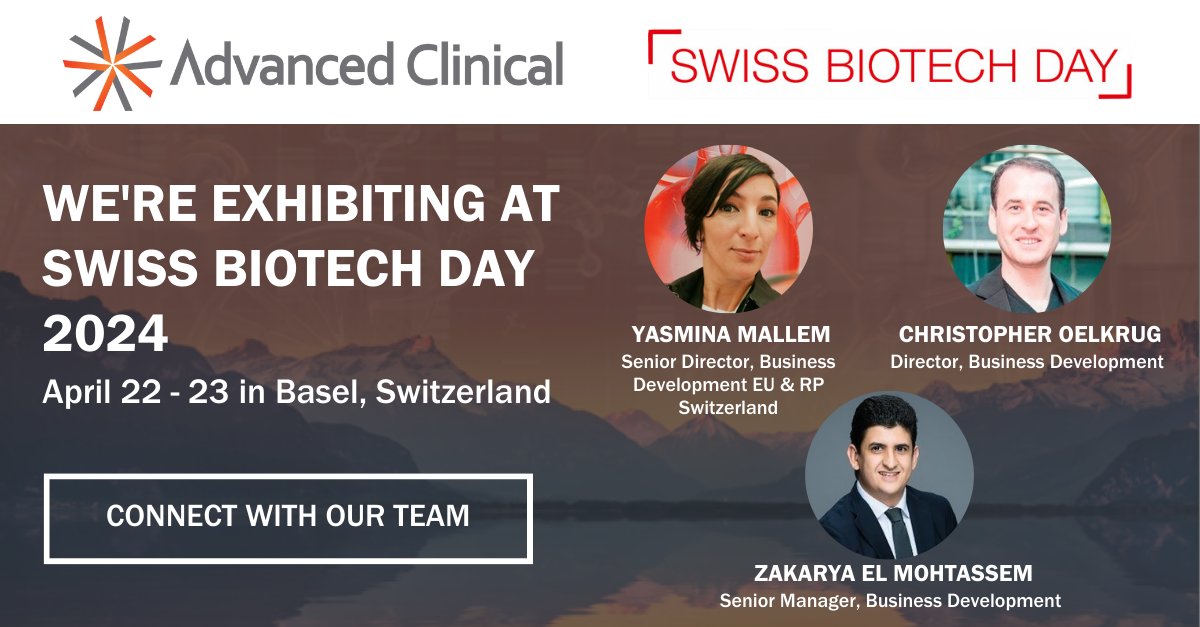 In two weeks, Advanced Clinical will be exhibiting at #SwissBiotechDay2024. Visit booth #76 to meet Yasmina Mallem, Christopher Oelkrug, and Zakarya El Mohtassem and learn how we can offer innovative solutions for your clinical trials. Connect with us: hubs.la/Q02rZ9MK0