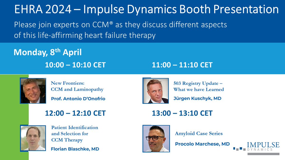 At EHRA 2024? 
Stop by the Impulse Dynamics booth(#C580) at 11:00, 12;00, 13:00 and 14:00 CET today, to hear from our incredible in-booth presenters and learn about CCM® therapy!

 #medicaldevices #heartfailure #CCM #epeeps #ImpulseDynamics #ehra2024