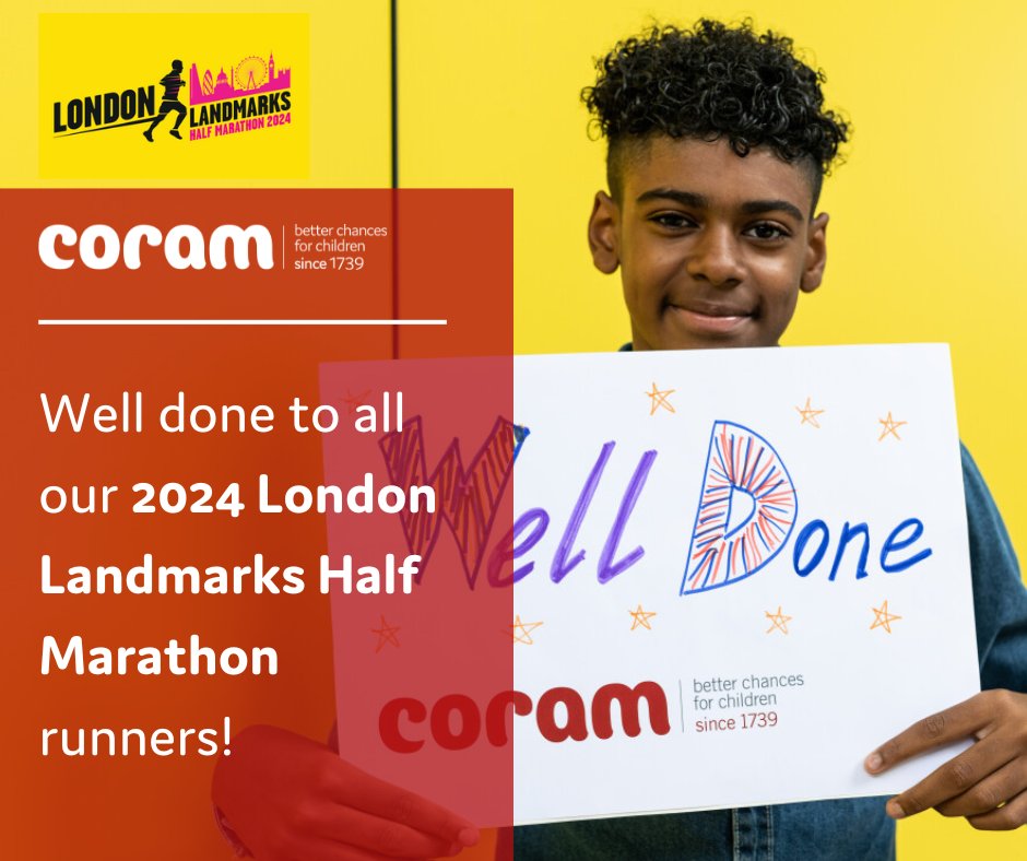 Coram's tweet photo. Well done and a huge thank you to all #TeamCoram participants in yesterday's London Landmarks Half Marathon @LLHalf 🙌
Your fantastic fundraising helps us to continue creating #BetterChancesforChildren, now and forever.
#WeAreCoram https://t.co/Ik2p3Zgxvw