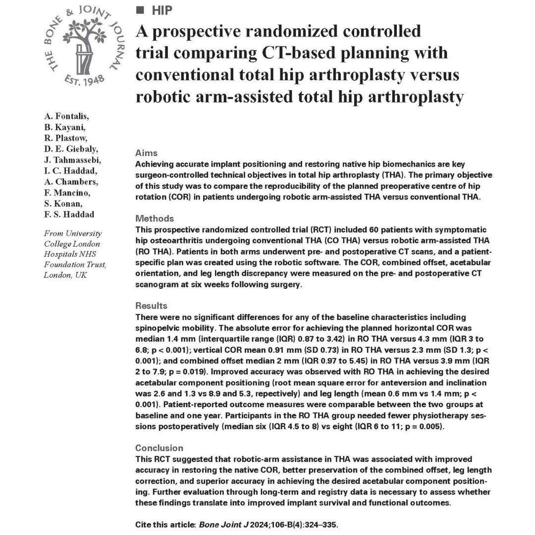 This study compared the reproducibility of the planned preoperative centre of hip rotation in patients undergoing robotic arm-assisted THA versus conventional THA. #HipArthroplasty #Robotics #BJJ @AFontalis @bjjeditor @UCLDivofSurgery @uclh ow.ly/N5zz50R3tfG