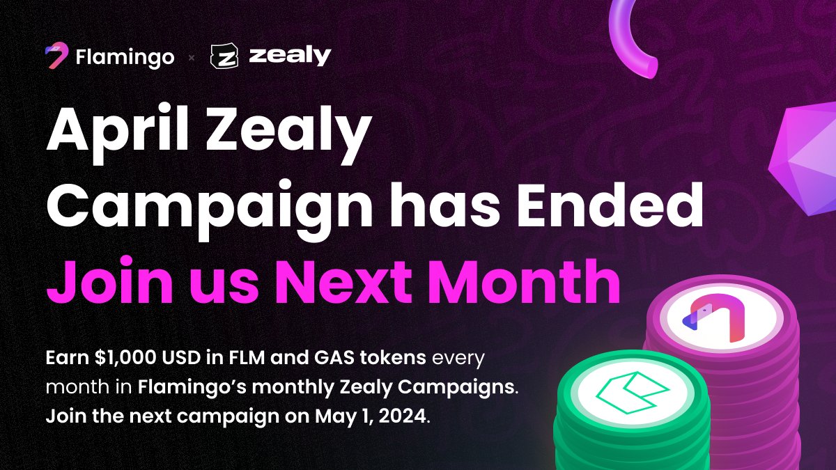 📢 The Flamingo Community Zealy Campaign for April has ended! All winners will receive their tokens shortly. Didn’t win? A new campaign starts on May 1st! #Flamingo #Zealy $NEO #Web3 #Blockchain #Crypto #Community #DeFi #Staking