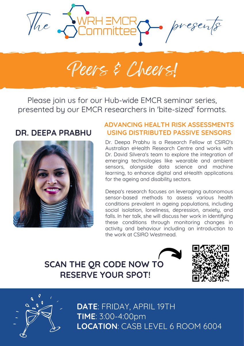 Our Peers & Cheers seminar series is back on April 19th with Dr Deepa Prabhu PhD from CSIRO! She will be presenting her exciting work on 'Advancing Health Risk Assessments using Distributed Passive Sensors'. RSVP to save your spot bit.ly/EMCRSeminarSer… #WestmeadEMCR