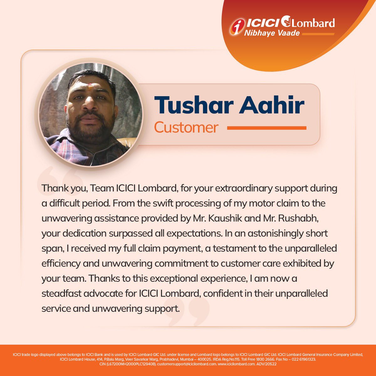 From swift claims processing to unwavering support, we're proud to be there for our customers every step of the way. #NibhayeVaade #ICICILombard #Testimonial #CustomerSpotlight