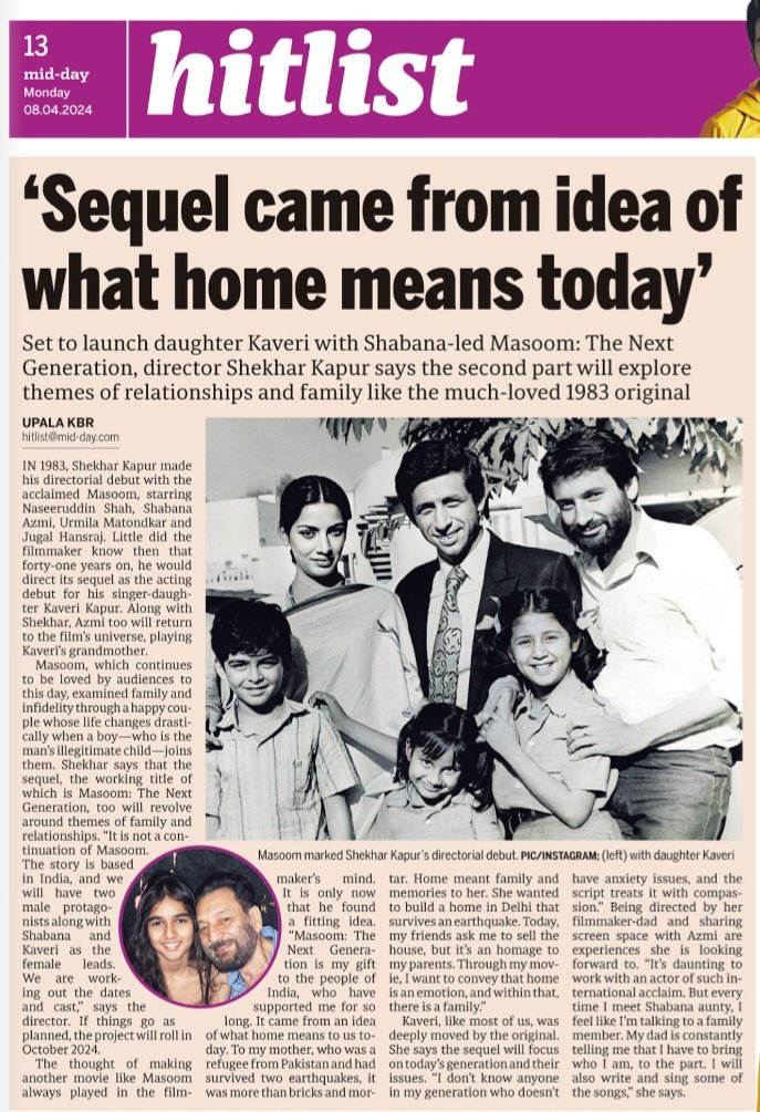 The sequel to Masoom! Set 2 launch it with his singer-songwriter daughter Kaveri Kapur with @AzmiShabana led Masoom: The Next Generation, director @shekharkapur says the 2nd part will explore themes of relationships & family like d much-loved 1983 original mid-day.com/amp/entertainm…