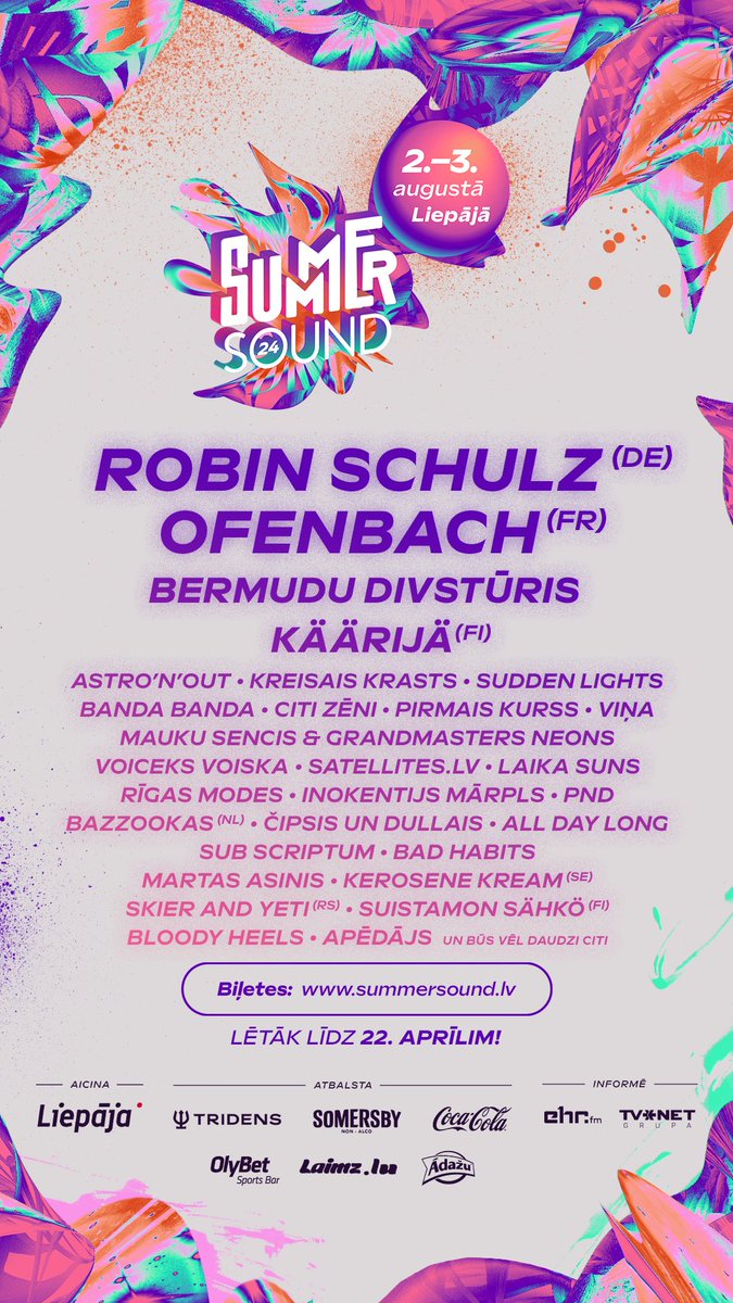 Vai gatavi vasaras karstākajam un dullākajam piedzīvojumam 
#summersound2024?

2 neaizmirstamas dienas un, protams, naktis Liepājā - tas ir lielākais pludmales festivāls Baltijā. 🔥Festivāls Summer Sound 2024!🔥

Biļetes lētāk tikai līdz 22.aprīlim! 
➡️ summersound.lv/tickets/aula
