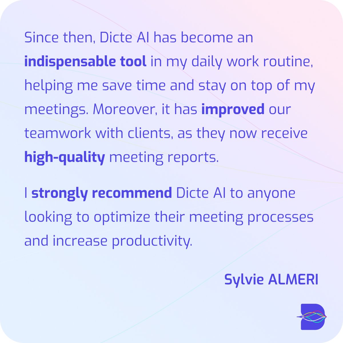 Boostez l'efficacité de vos réunions avec #DicteAI 🚀. Découvrez comment Sylvie Almeri a transformé sa gestion de réunions, rendant son travail plus productif. Prêt à optimiser vos rencontres ? 
#DicteAI #Efficiency #Productivity #innovation #meetings