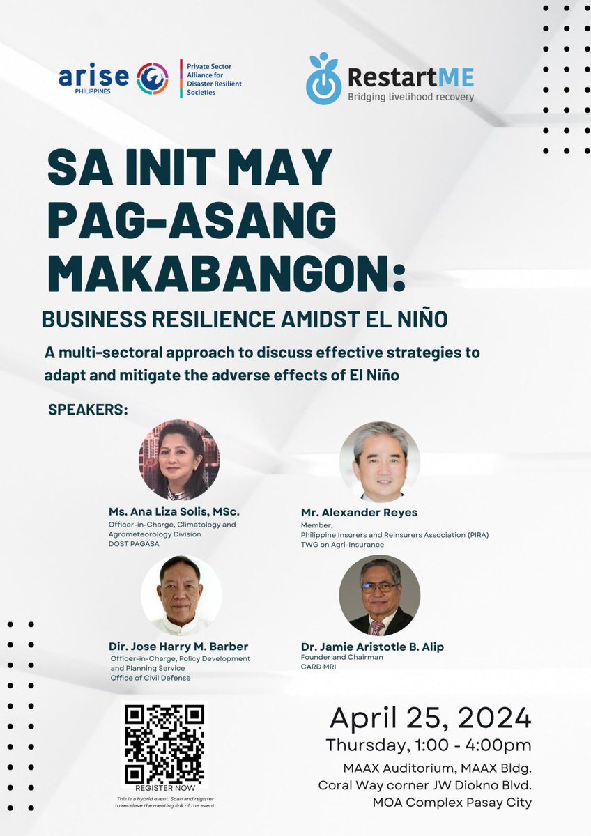 🌟𝐂𝐚𝐥𝐥𝐢𝐧𝐠 𝐚𝐥𝐥 𝐌𝐒𝐌𝐄𝐬! 

Join us at 'Sa Init May Pag-asang Makabangon: Business Resilience Amidst El Niño,' with Restart Micro-Enterprise Inc. on April 25, 1pm-4pm.

#ResilientMSME #BusinessResilience #ElNiño #RestartME #ARISEPhilippines