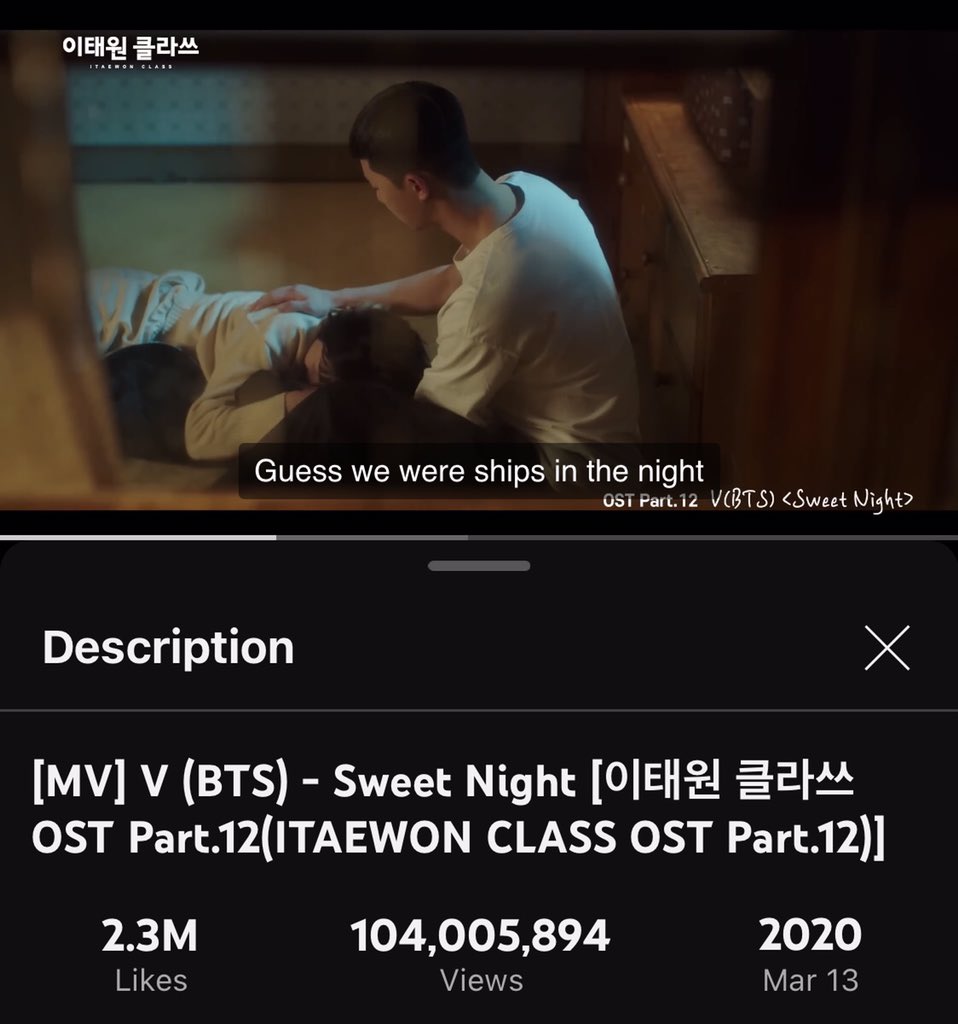 'Sweet Night' Official MV by #V has surpassed 104,000,000 views on YouTube