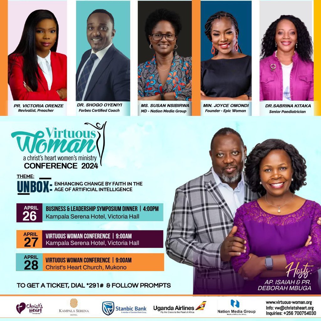 Welcome to the new week, we are getting closer to the highly anticipated conference, #VirtuousWoman2024. Don't miss out on speakers; •@SueNsibirwa •@victoriaorenze •@drshogo •@JoyceOmondi •@SabrinaKitaka Dial *291# to get your tickets. #Christheart #Unbox