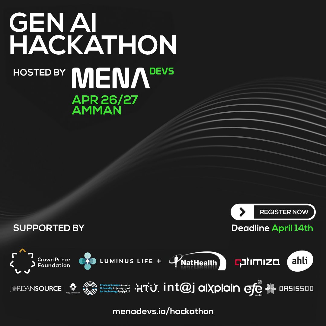 Applications are now open for the #GenAI Hackathon in Amman The #GenAI Hackathon is powered by MENADevs to promote Jordan's AI Ecosystem within a variety of sectors including: #software_development #finance #healthcare #media Apply before 14th of April👇 menadevs.io/hackathon