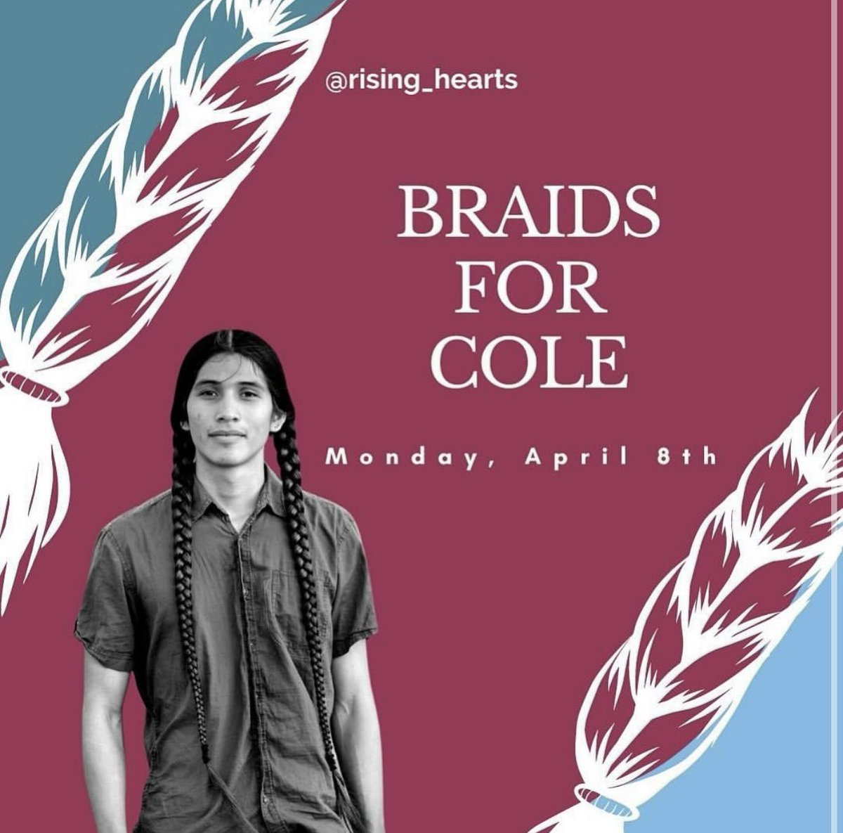 Our hair is sacred. Braids our sacred. Connects us to our ancestors. To our ceremonies. Cole Brings Plenty, Lakota. Actor, family member, student, was taken from Unči Maka. April 8th wear your braids. Wear 2. We may wear an a community for Cole and his family. #ColeBringsPlenty