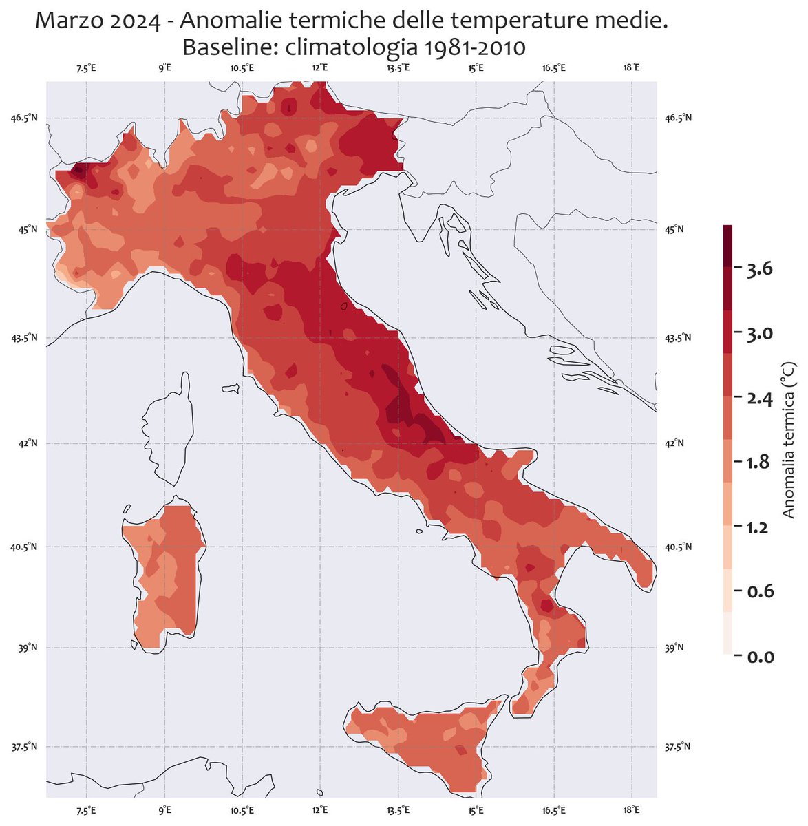 Sulla base di elaborazioni di dati #era5Land,in #Italia #Marzo2024 ha fatto registrare una Tmedia di 9.2°C, con un'anomalia termica di 2.4°C rispetto alla media climatologica(1981-2010),ma in alcune aree l'anomalia termica ha superato i 3.5°