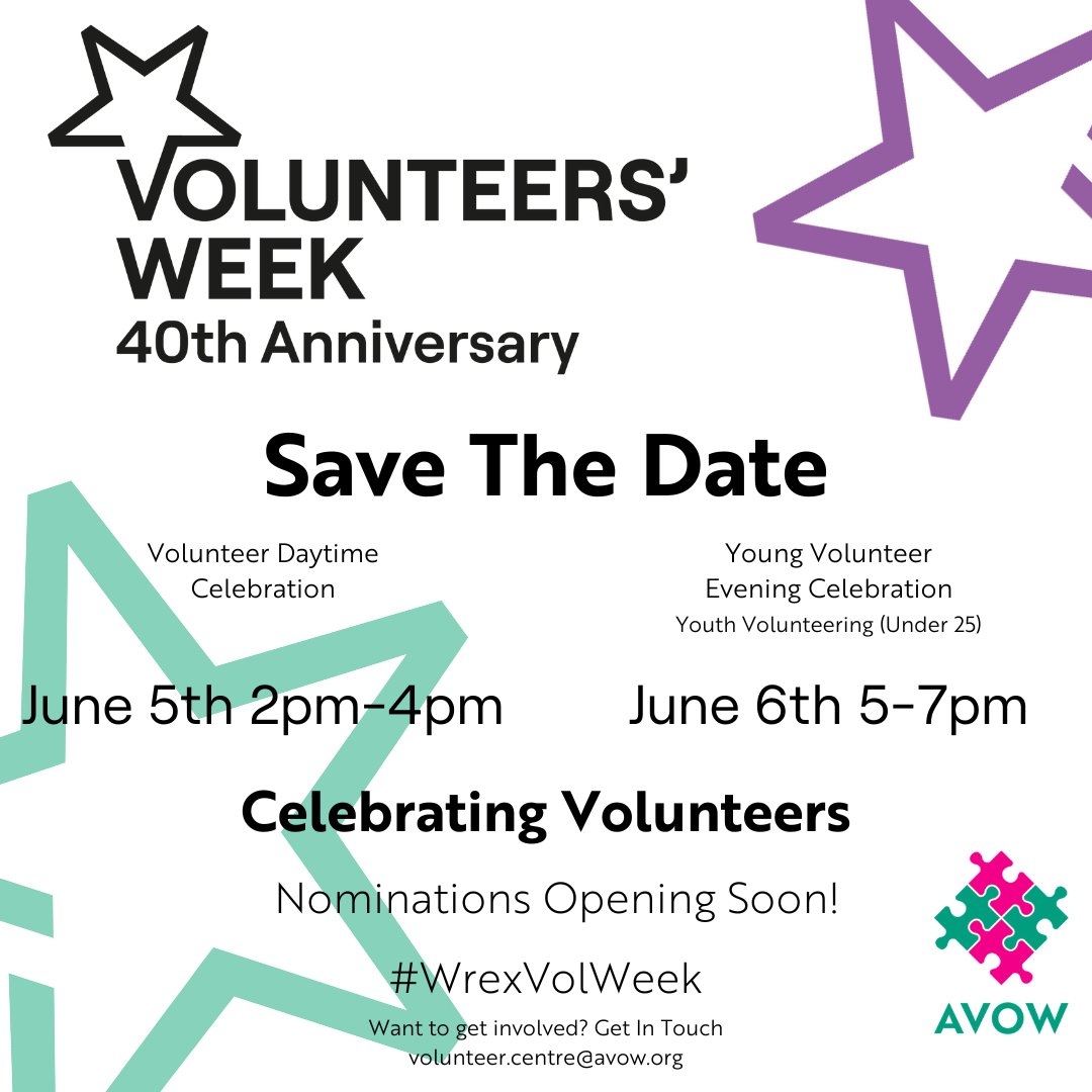 We are busy getting everything ready for Volunteer Week. The day celebration will be at around 2pm - 4pm on the 5th June, 2024. The evening celebration (June 6th, around 5-7pm) will be focused celebrating youth volunteering. This year we are also launching a new #tag #WrexVolWeek