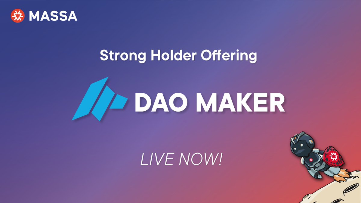 📢 Update: DAO Maker sale is live! | Bitget - Listing date confirmed

(1/3) As promised, we present you with some information that you’ve been waiting for!
Starting with…
💰 The $MAS sale is NOW LIVE on @DAOMaker!

Join here: app.daomaker.com/project/massa

👀 SHO Details:
Public