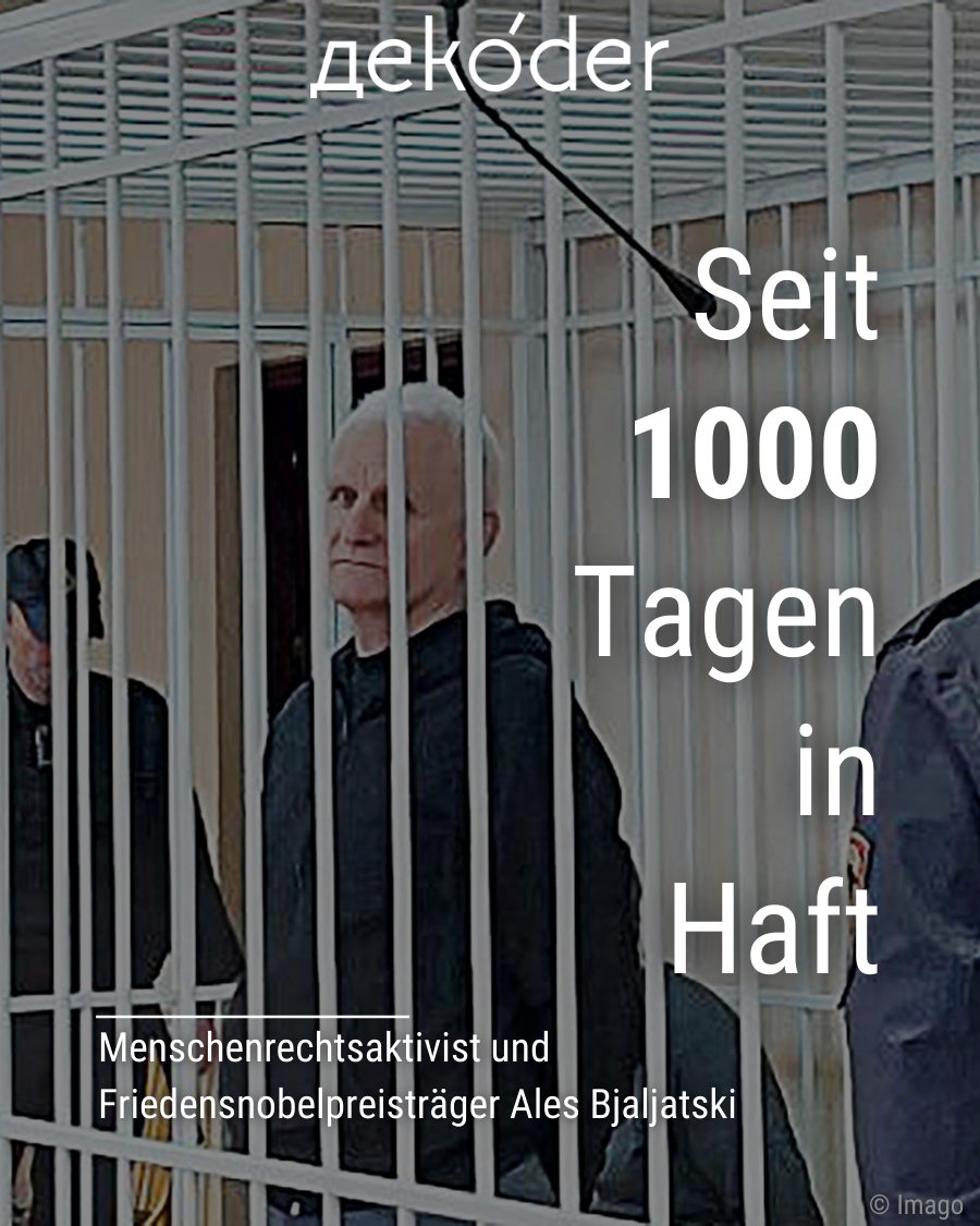 Seit 1000 Tagen ist der #belarus|sische Menschenrechtsaktivist und Friedensnobelpreisträger Ales #Bjaljatski in Haft. Er wurde im Zuge der Repressionen nach den Protesten 2020 festgenommen und zu zehn Jahren Gefängnis verurteilt. Über Bjaljatski: dekoder.org/de/article/ale… (Archiv)